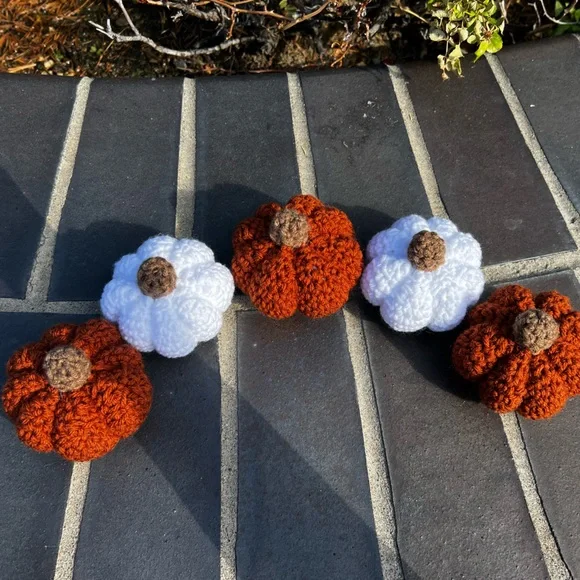 Hand Crocheted Set of 5 Rustic White & Orange Pumpkins Fall Halloween Decor! - Picture 6 of 12